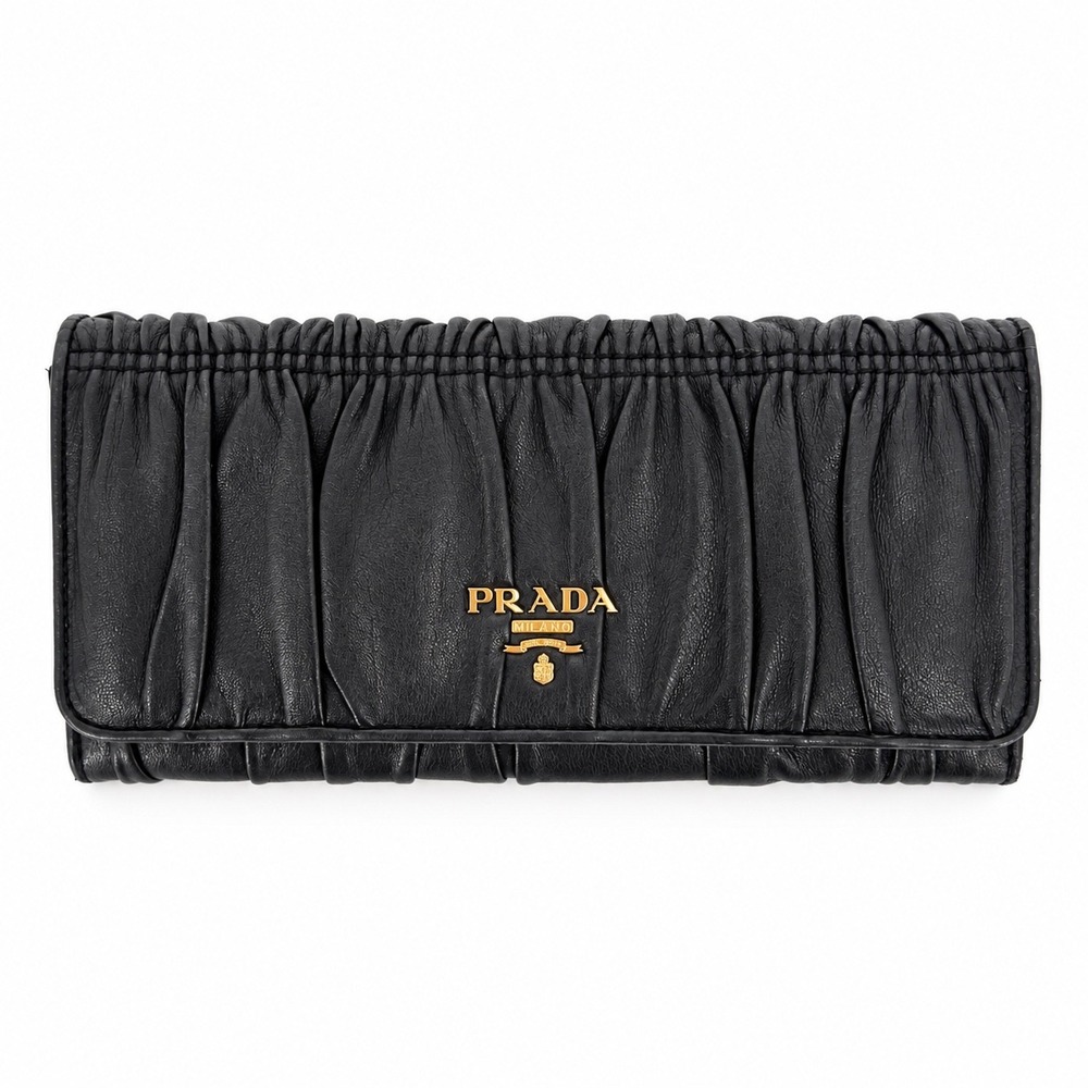 Prada Bifold Wallet Nappa Gaufre Womens Black Leather Ruched Luxury Elegant